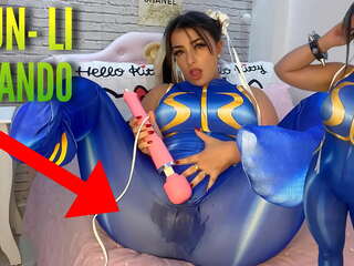 Enticing cosplay girl dressed as Chun Li from street fighter playing with her htachi vibrator cumming and soaking her panties and pants ahegao