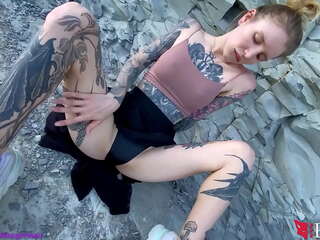 Tattooed girl Fingering Pussy by the Sea - Outdoor